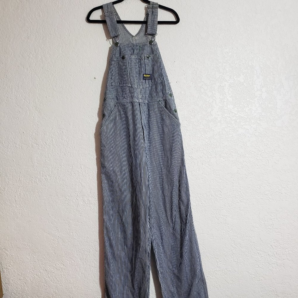 Vintage OshKosh Vestbak Railroad Green Trim Stripes Adult Overalls 30/32 Unisex